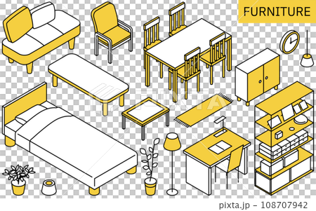 新生活所需的家具插圖，簡單等距 108707942