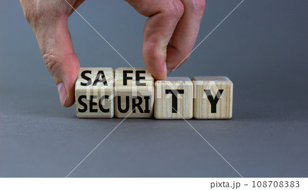 Safety and security symbol. Concept words Safety and security on wooden cubes. Businessman hand. Beautiful grey table grey background. Business safety and security concept. Copy space. Safety and security symbol. Concept words Safety and security on wooden cubes. Businessman hand. Beautiful grey table grey background. Business safety and security concept. Copy space. 108708383
