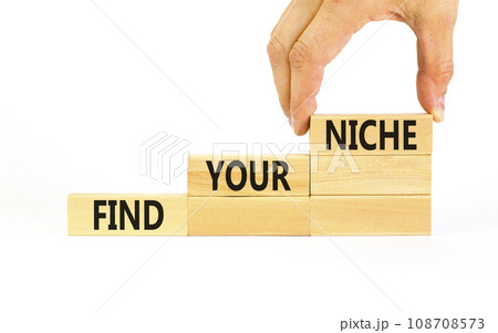 Find your niche symbol. Concept words Find your niche on wooden blocks. Businessman hand. Beautiful white table white background. Business and find your niche concept. Copy space. 108708573