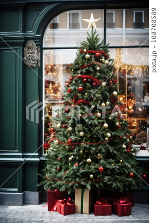 Decorated Christmas tree stands proudly in front of shop attracting passers-by with festive charm Decorated Christmas tree stands proudly in front of shop attracting passers-by with festive charm 108708589