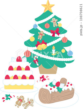 クリスマスツリーとお菓子_ケーキ_ブッシュドノエル_ジンジャーブレッド_キャンディケイン 108708621