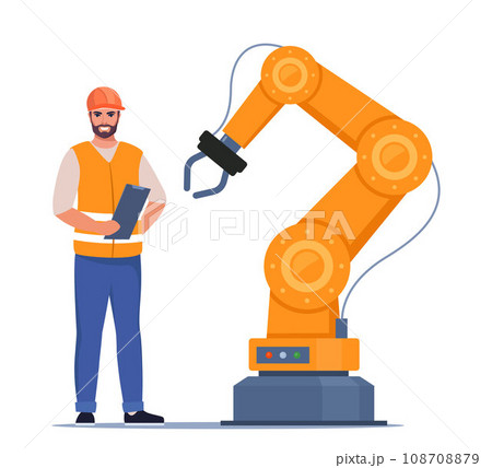Robotic arm. Industrial tool mechanical robot arm machine hydraulic equipment automotive. Engineer in orange vest and protective helmet controls the process. Vector illustration. 108708879
