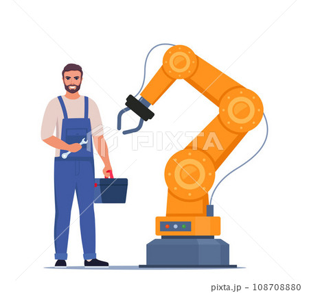 Robotic arm. Industrial tool mechanical robot arm machine hydraulic equipment. Man repairing automated machine hand. Mechanic in uniform with toolbox and wrench in his hand. Vector illustration. Robotic arm. Industrial tool mechanical robot arm machine hydraulic equipment. Man repairing automated machine hand. Mechanic in uniform with toolbox and wrench in his hand. Vector illustration. 108708880
