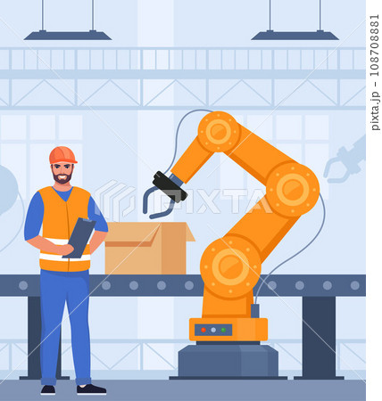 Automation production line with robot technologies. Engineer in orange vest and protective helmet controls the process. Robotic arms collect goods in boxes. Vector illustration. 108708881