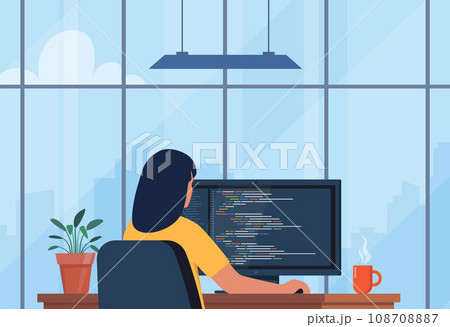 Young woman writing code on a desktop computer. Software developer at work. Workplace with modern interior, panoramic windows, cityscape behind. Vector illustration. Young woman writing code on a desktop computer. Software developer at work. Workplace with modern interior, panoramic windows, cityscape behind. Vector illustration. 108708887