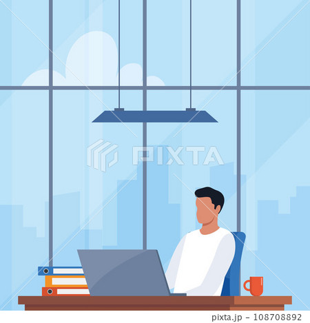 Man working in office, sitting at desk with laptop. Workplace with modern interior, panoramic windows, cityscape behind. Everyday routine company life. Vector illustration. Man working in office, sitting at desk with laptop. Workplace with modern interior, panoramic windows, cityscape behind. Everyday routine company life. Vector illustration. 108708892