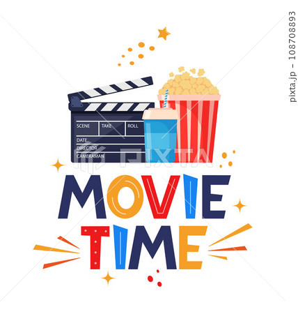Movie time hand drawing lettering. Creative template for cinema poster, banner. Movie time concept with cinema elements. Vector illustration. Movie time hand drawing lettering. Creative template for cinema poster, banner. Movie time concept with cinema elements. Vector illustration. 108708893
