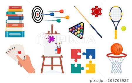Items for various hobbies and creativity. Equipment for sports, art, games. Ways of spending time. Billiard, tennis, basketball, playing cards, reading, darts, puzzles, drawing. Vector illustration. Items for various hobbies and creativity. Equipment for sports, art, games. Ways of spending time. Billiard, tennis, basketball, playing cards, reading, darts, puzzles, drawing. Vector illustration. 108708927