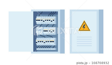 Electrical panel with switches, fuse, contactor, wire, automatic circuit breaker. Stainless steel switchboard box. Power distribution device. Vector illustration. 108708932