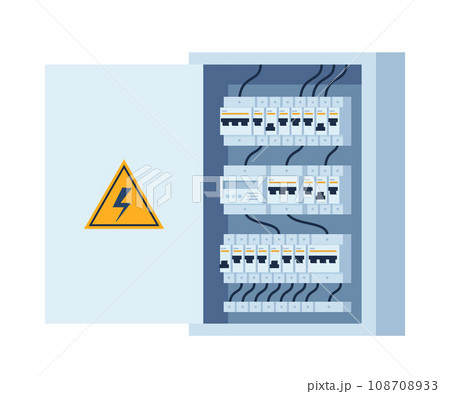Electrical panel with switches, fuse, contactor, wire, automatic circuit breaker. Stainless steel switchboard box. Power distribution device. Vector illustration. 108708933