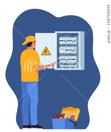 Electrician worker check and repair electrical switchboard. Home Repairman, Electrical Safety Concept. Vector illustration. 108708934