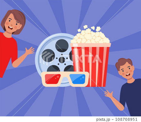 Movie time concept. Composition with popcorn, 3d glasses, filmstrip. Little kids and movie elements. Cinema poster, banner. Entertainment for children. Vector illustration. 108708951