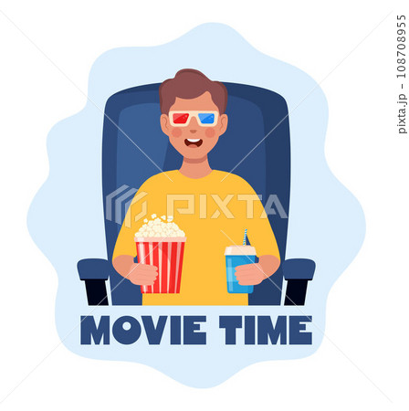 Kid watching movie with 3d glasses. Soda and popcorn in kids hands. Movie time concept. Cinema theater entertainment for children. Vector illustration. Kid watching movie with 3d glasses. Soda and popcorn in kids hands. Movie time concept. Cinema theater entertainment for children. Vector illustration. 108708955