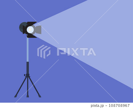 Cinema spotlight. Lamp projector on a tripod with scattered rays. Light source, studio lighting. Equipment for filming. Vector illustration. Cinema spotlight. Lamp projector on a tripod with scattered rays. Light source, studio lighting. Equipment for filming. Vector illustration. 108708967