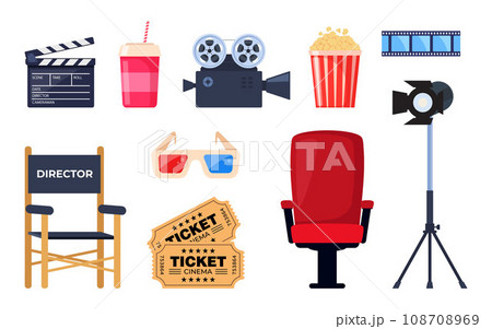 Cinema elements. Tickets, popcorn bucket, 3D glasses, clapperboard, montage tape, video camera. Vector illustration for cinema theater, film industry, show, movie making concept. Vector illustration. Cinema elements. Tickets, popcorn bucket, 3D glasses, clapperboard, montage tape, video camera. Vector illustration for cinema theater, film industry, show, movie making concept. Vector illustration. 108708969