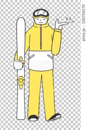 スキーの板を持って指差し案内する男性スキーヤーのイラスト素材 108709270