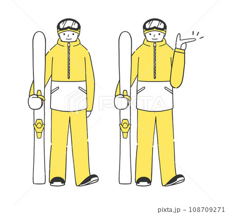 スキーの板を持った男性スキーヤーの全身イラストセット スキーの板を持った男性スキーヤーの全身イラストセット 108709271