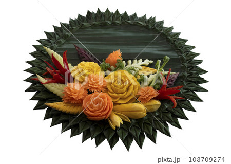 Thai vegetable carving arranged beautifully isolated on white background with clipping path. Thai vegetable carving arranged beautifully isolated on white background with clipping path. 108709274