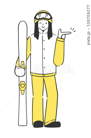 スキーの板を持って指差し案内する女性スキーヤーのイラスト素材 108709277