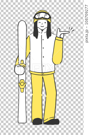 スキーの板を持って指差し案内する女性スキーヤーのイラスト素材 108709277