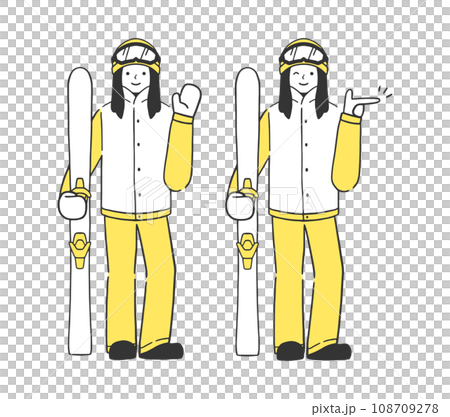 スキーの板を持った女性スキーヤーの全身イラストセット スキーの板を持った女性スキーヤーの全身イラストセット 108709278