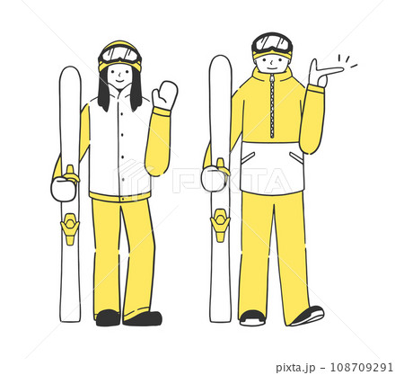 スキーの板を持った男女のスキーヤーの全身イラストセット 108709291