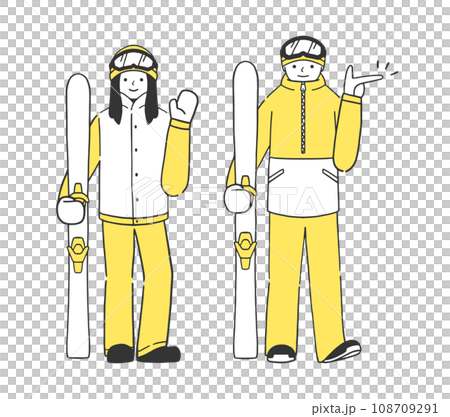 スキーの板を持った男女のスキーヤーの全身イラストセット 108709291