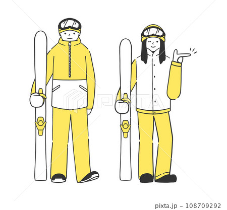 スキーの板を持った男女のスキーヤーの全身イラストセット スキーの板を持った男女のスキーヤーの全身イラストセット 108709292