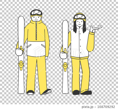 スキーの板を持った男女のスキーヤーの全身イラストセット スキーの板を持った男女のスキーヤーの全身イラストセット 108709292