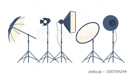 Different types of professional lighting equipment for blogging, vlogging and studio photo and video. Vector illustration. Different types of professional lighting equipment for blogging, vlogging and studio photo and video. Vector illustration. 108709294