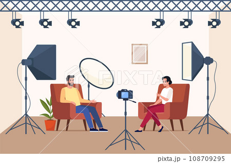 Shooting interview in professional studio. Soft box light, camera, spotlight. Professional equipment for video shooting. Two people having conversation on camera, making content. Vector illustration. Shooting interview in professional studio. Soft box light, camera, spotlight. Professional equipment for video shooting. Two people having conversation on camera, making content. Vector illustration. 108709295