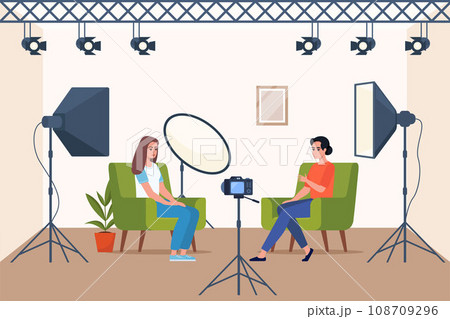 Shooting interview in professional studio. Soft box light, camera, spotlight. Professional equipment for video shooting. Two people having conversation on camera, making content. Vector illustration. Shooting interview in professional studio. Soft box light, camera, spotlight. Professional equipment for video shooting. Two people having conversation on camera, making content. Vector illustration. 108709296