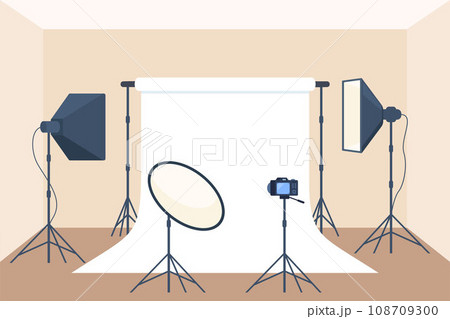 Photo studio with white blank background, soft box light, camera, spotlight. Professional equipment for photo and video shooting. Vector illustration. Photo studio with white blank background, soft box light, camera, spotlight. Professional equipment for photo and video shooting. Vector illustration. 108709300