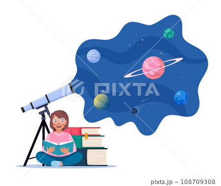 Cute girl reading book about universe, space and planets, sitting near pile of books. Astronomical telescope looks into space with planets, stars and comets. Imagination concept. Vector illustration. 108709308
