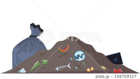 Big heap of trash and waste bag. Garage dump with mountain of trash and waste bag, disgusting heap of household waste, environmental pollution. Vector illustration. 108709327