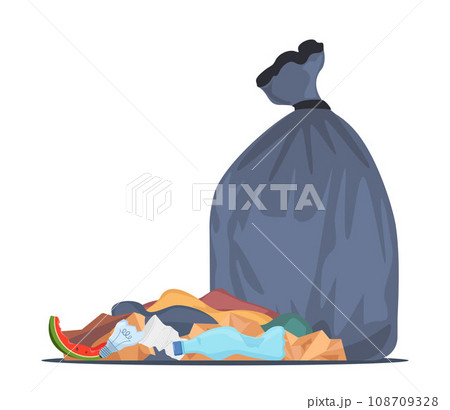 Big heap of trash and waste bag. Garage dump with mountain of trash and waste bag, disgusting heap of household waste, environmental pollution. Vector illustration. 108709328