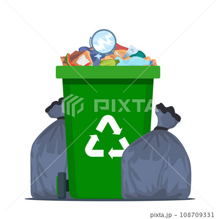 Full garbage bin and black plastic trash bags around. Overflowing recycling container with trash. Green recycle can. Street dump pollution, bin container pile, trashcan basket. Vector illustration. Full garbage bin and black plastic trash bags around. Overflowing recycling container with trash. Green recycle can. Street dump pollution, bin container pile, trashcan basket. Vector illustration. 108709331