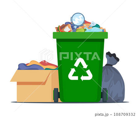 Full garbage bin, black plastic trash bag, paper box with trash. Overflowing recycling container with trash. Green recycle can. Street dump pollution, trashcan basket. Vector illustration. 108709332