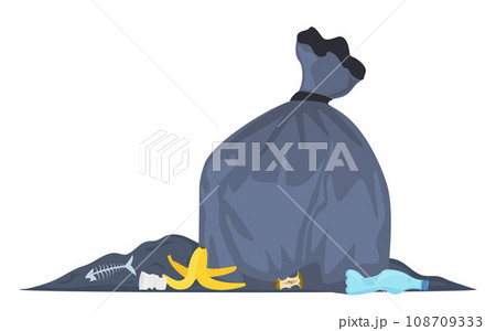 Big heap of trash and waste bag. Garage dump with mountain of trash and waste bag, disgusting heap of household waste, environmental pollution. Vector illustration. Big heap of trash and waste bag. Garage dump with mountain of trash and waste bag, disgusting heap of household waste, environmental pollution. Vector illustration. 108709333