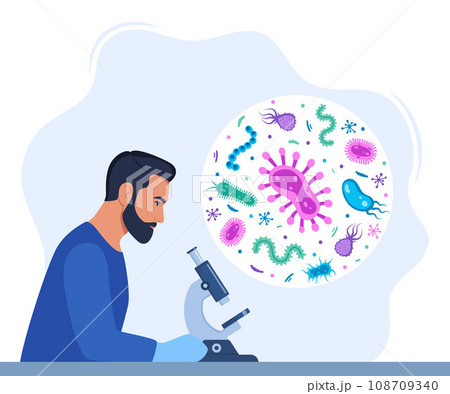Man Scientist, microbiology researcher with microscope. Microbiologist study various bacteria, pathogenic microorganisms. Bacteria and germs in a circle. Vector illustration. Man Scientist, microbiology researcher with microscope. Microbiologist study various bacteria, pathogenic microorganisms. Bacteria and germs in a circle. Vector illustration. 108709340