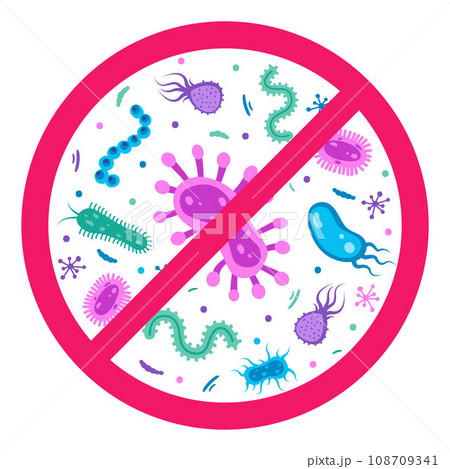 Antibacterial defence icon. Stop bacteria and viruses prohibition sign. Antiseptic. Various bacteria in the red crossed-out circle. Vector illustration. 108709341