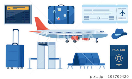 Airport terminal design elements. Traveling by plane, set of objects. Baggage, metal detector, air ticket, passport, information panel, lounge seats. Air travel concept. Tourism. Vector illustration. 108709420