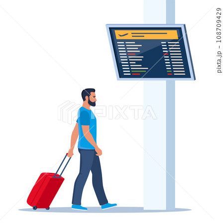 Man with wheeled suitcase hurrying to flight at airport. Passenger in airport waiting room or departure lounge with information panel. Travel concept. Vector illustration. Man with wheeled suitcase hurrying to flight at airport. Passenger in airport waiting room or departure lounge with information panel. Travel concept. Vector illustration. 108709429