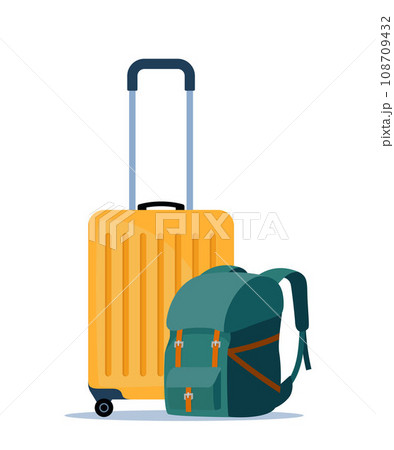 Travel bags composition. Suitcase and backpack. Tourist case, journey and adventure baggage. Travelers luggage. Vector illustration. Travel bags composition. Suitcase and backpack. Tourist case, journey and adventure baggage. Travelers luggage. Vector illustration. 108709432