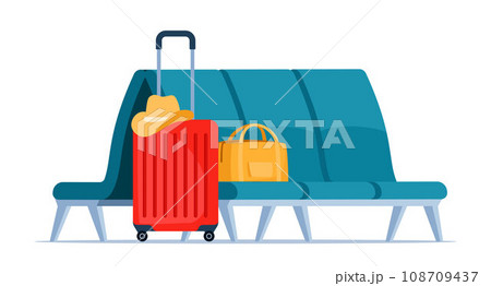 Empty rows of seats, element of airport lounge interior. Departure lounge chairs. Suitcase and backpack. Tourist case, journey and adventure baggage. Vector illustration. Empty rows of seats, element of airport lounge interior. Departure lounge chairs. Suitcase and backpack. Tourist case, journey and adventure baggage. Vector illustration. 108709437