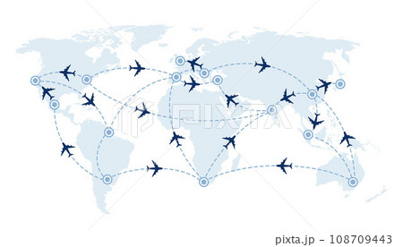 World travel map with airplanes, flight routes and pins marker. Vector illustration. World travel map with airplanes, flight routes and pins marker. Vector illustration. 108709443