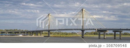 panorama of the Clark Bridge, a cable-stayed bridge across the Mississippi River between West Alton, Missouri and Alton, Illinois. panorama of the Clark Bridge, a cable-stayed bridge across the Mississippi River between West Alton, Missouri and Alton, Illinois. 108709548
