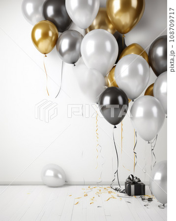 AI generation. White, black, gold and silver balloons and confetti on white background. Holiday and birthday concept. 108709717