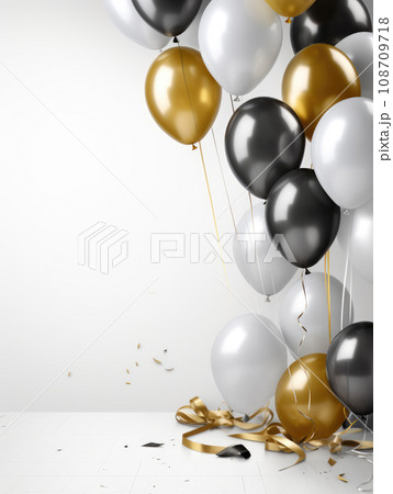 AI generation. White, black, gold and silver balloons and confetti on a white background. Holiday and birthday concept. 108709718
