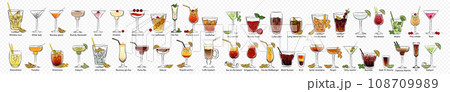 Cocktails and drinks set. Alcoholic beverage pina colada and americano bloody mary with summer paradise martini tequila sunrise rose and vector mojito martini 108709989